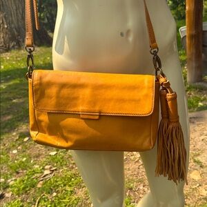 Lucky brand leather Elegant Tan Crossbody Bag with tassels